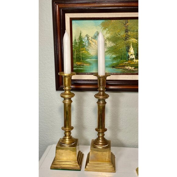 Vintage 12 Inch Brass Candles Holders Pair Heavy Base 1970s - Picture 6 of 9